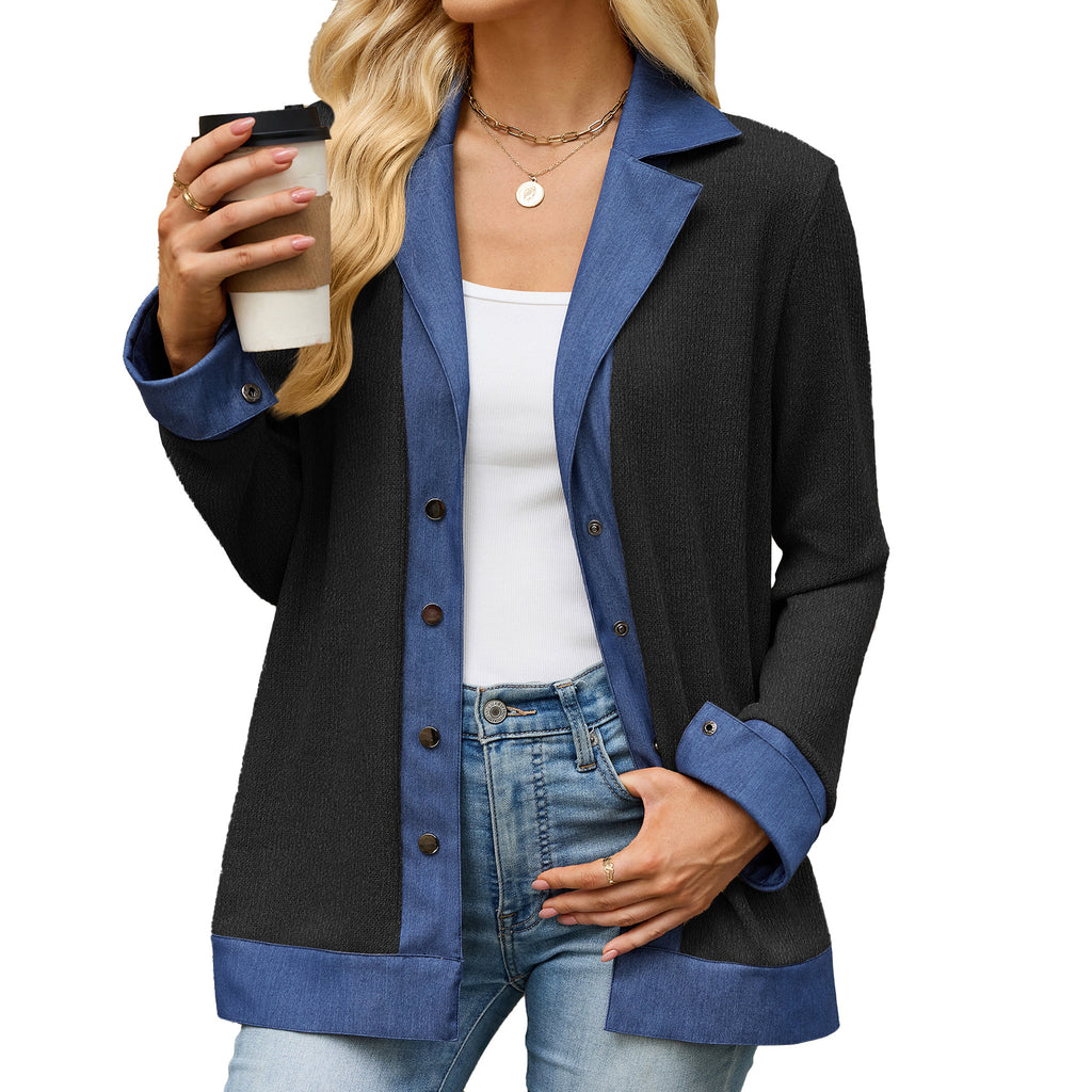 Denim Contraste couleur Lapel-bouton Loose-fit manches longues Hoodie