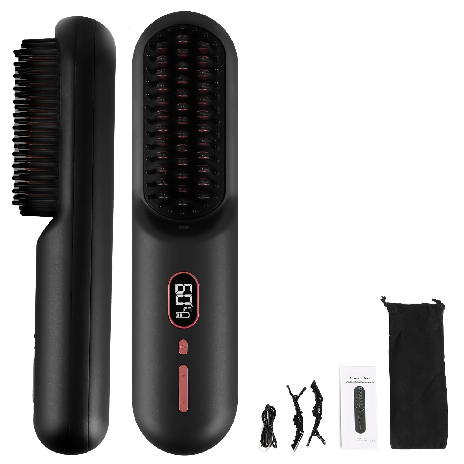 Options Gris-Noir -- 1Pc sans fil Négatif brosse de lisseur de cheveux Ion rechargeable Mini