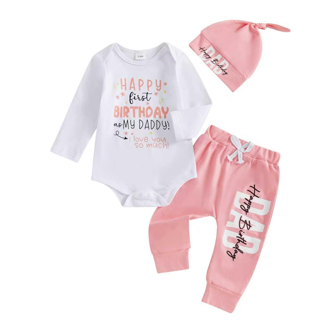 Letter-print Onesie Long Pantalon Hat Baby Keepsake Outfit Set