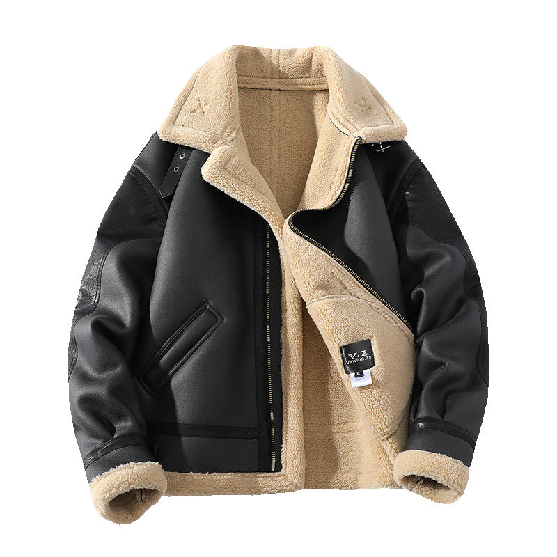 Manteau en cuir de mouton court épais doublé de polaire d'hiver