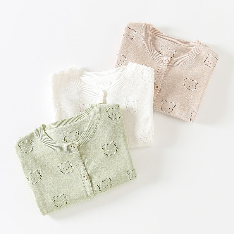 Cotton pour enfants en tricot Cardigan printemps été mince long patron ours poitrine unique