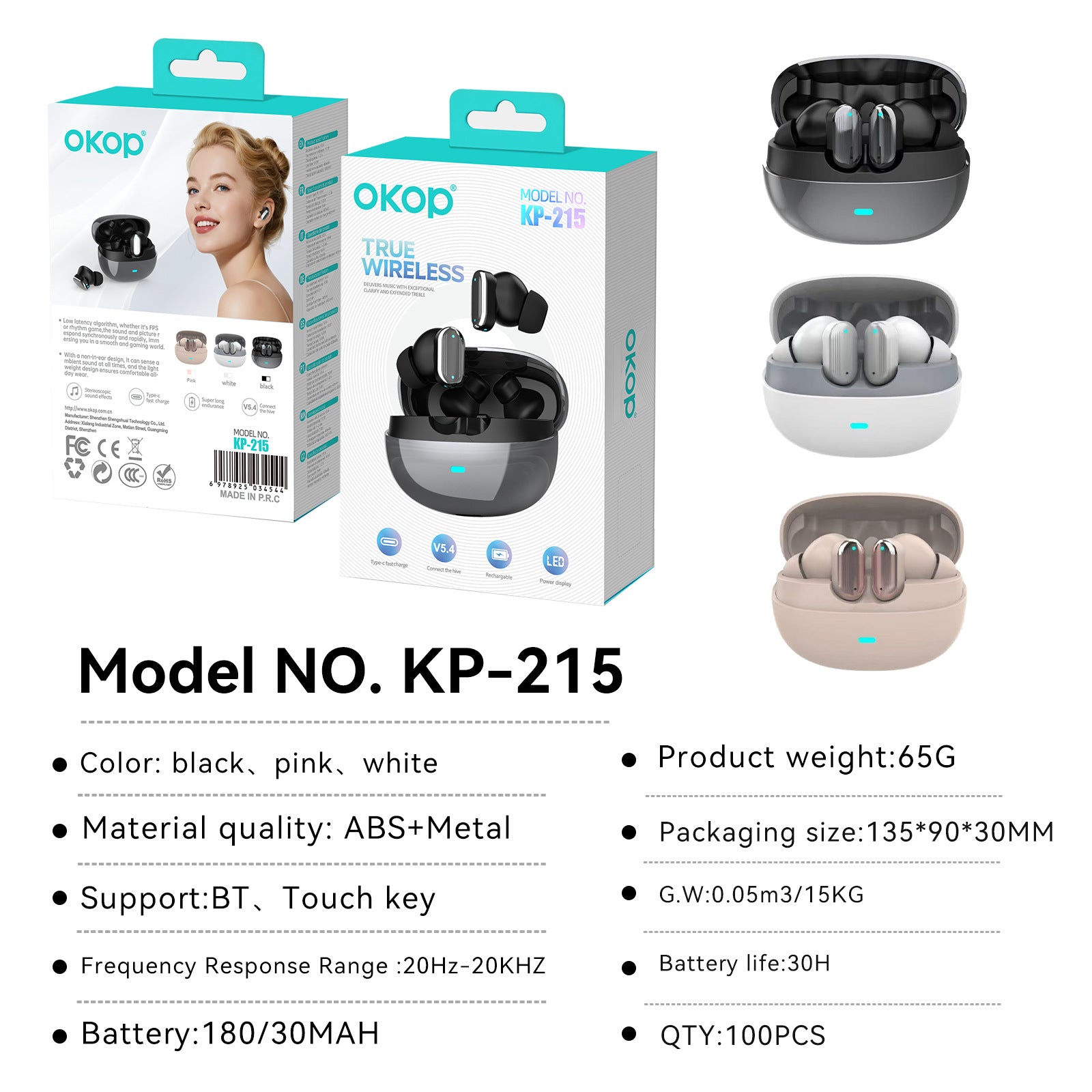 KP-215 Ecouteurs Bluetooth dans l'oreille Modèle Touch Control Design Compact Low Latency High Sound
