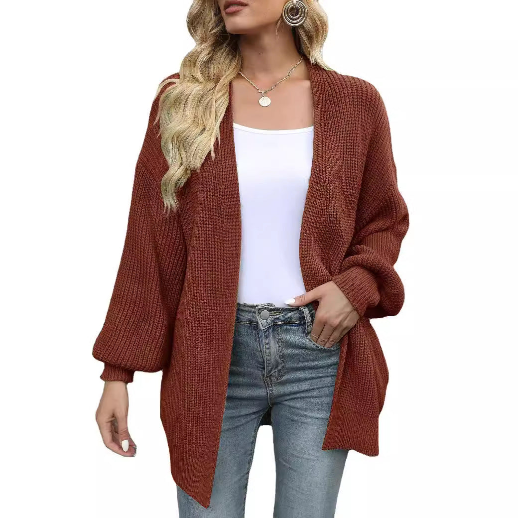Lanterne à manches féminines Chunky-knit Cardigan Sweater Coat