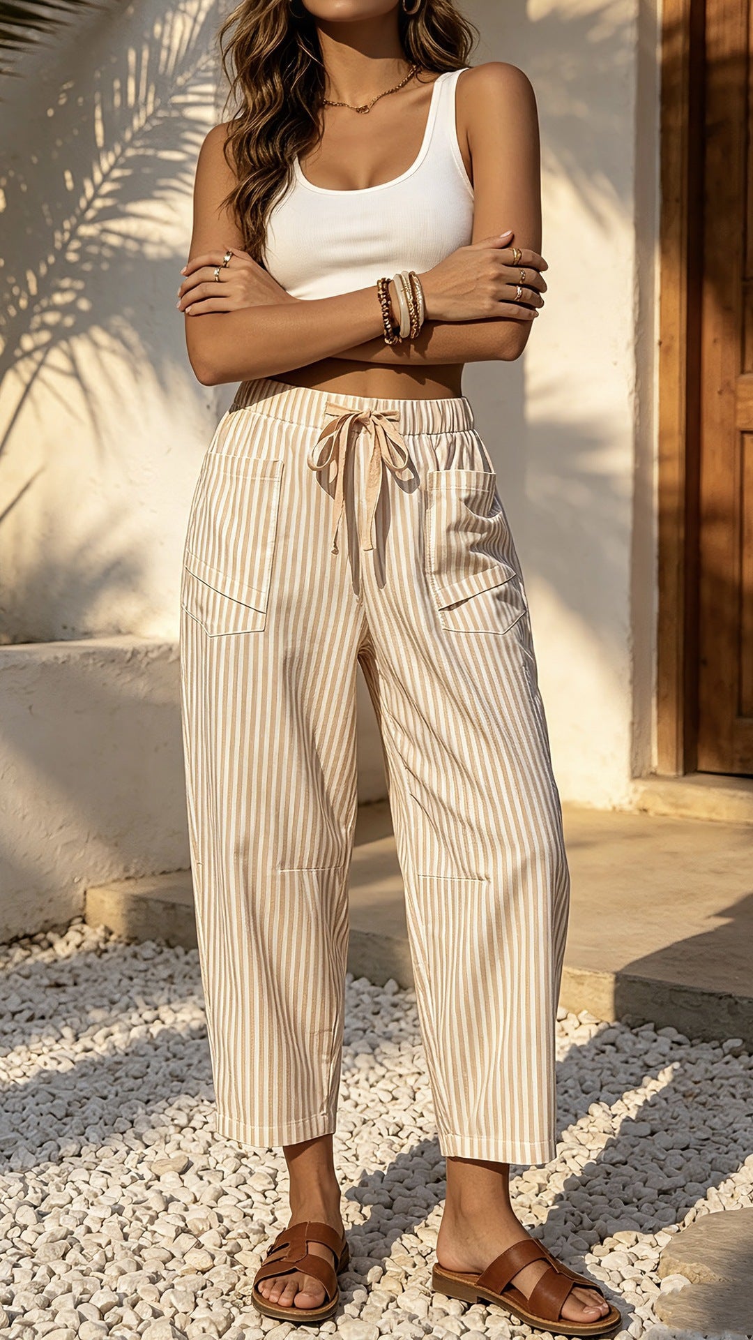 Pantalon pour femmes à poil élastique à imprimé rayé occasionnel