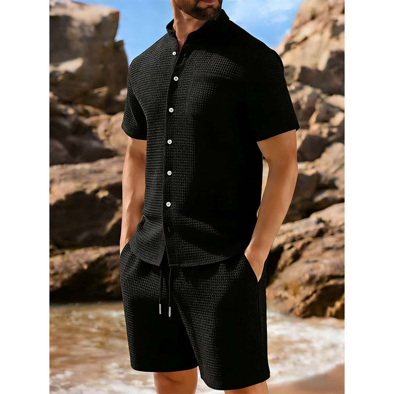Lapel à manches courtes à boutons jacquard de couleur unie Ensemble casual sport
