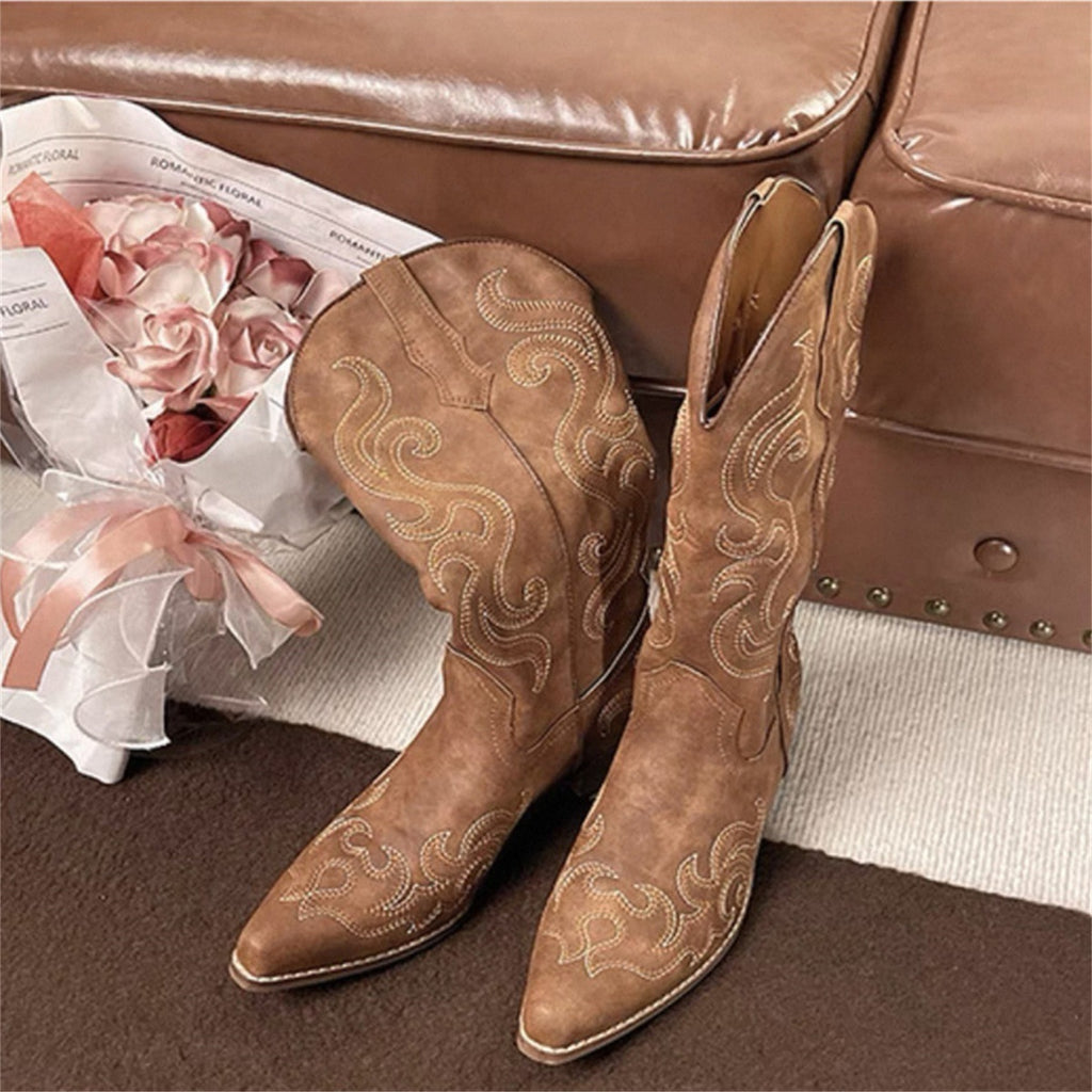 Femmes Brodé V-Neck Bottes de Cowboy Western