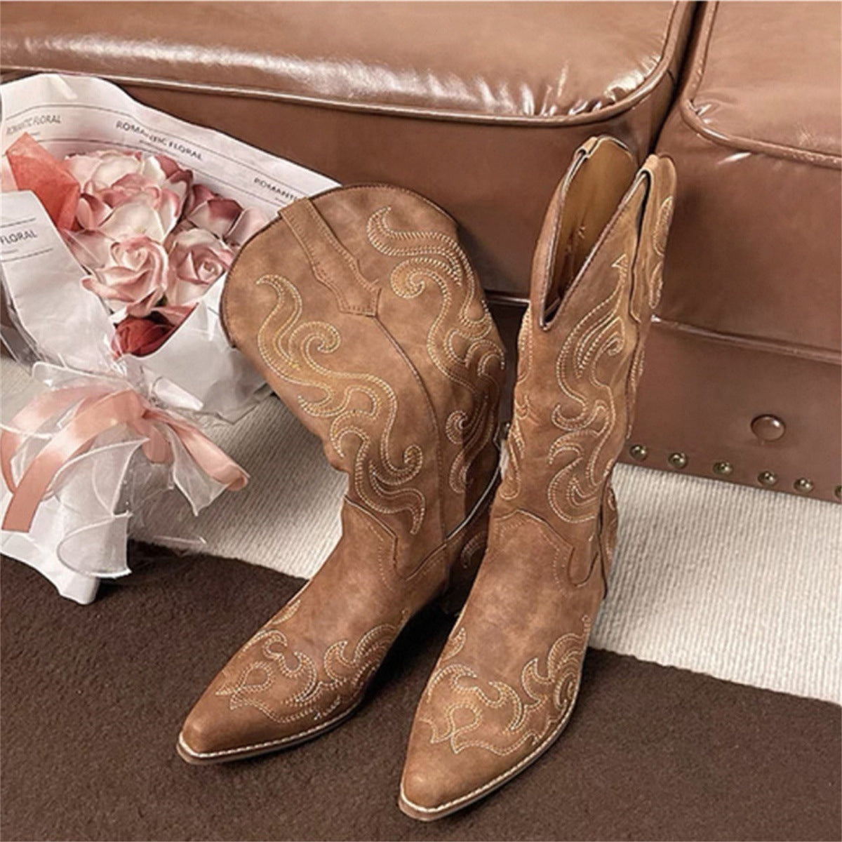 Femmes Brodé V-Neck Bottes de Cowboy Western