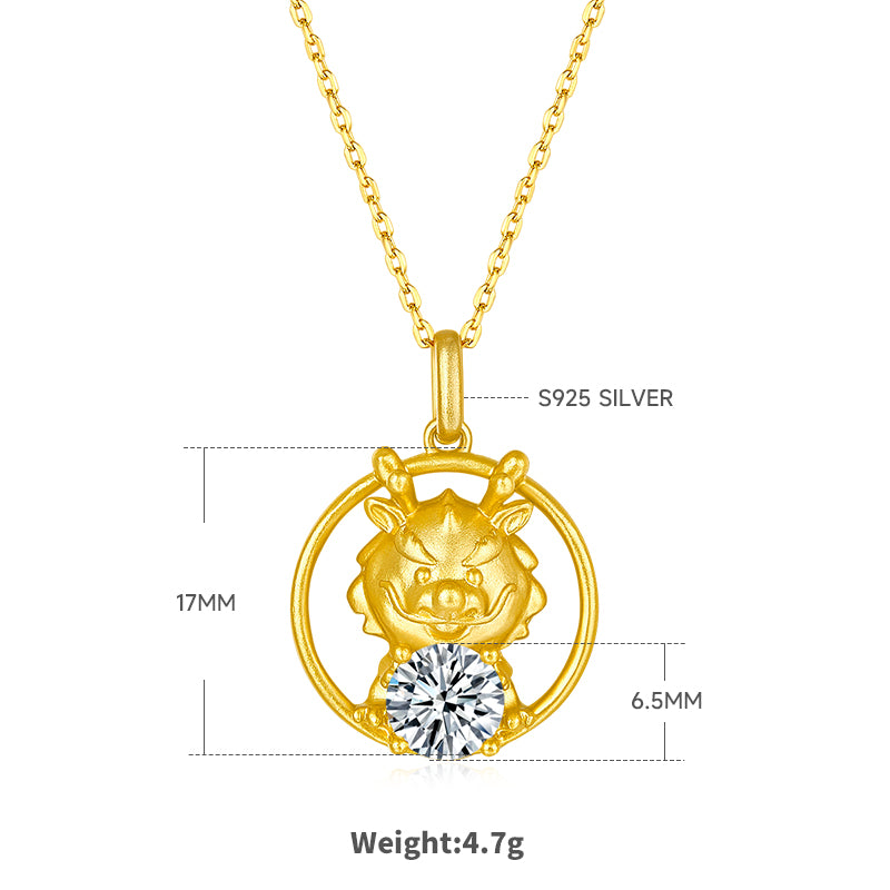 S925 Argent sterling plaqué or 1ct D Couleur VVS1 Moissanite Collier Dragon 4.7g Chinois