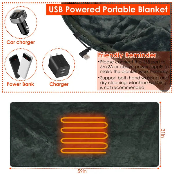 Couverture chauffante USB Couverture chauffante électrique Couverture chauffante Poncho Châle lancer avec fermeture à glissière
