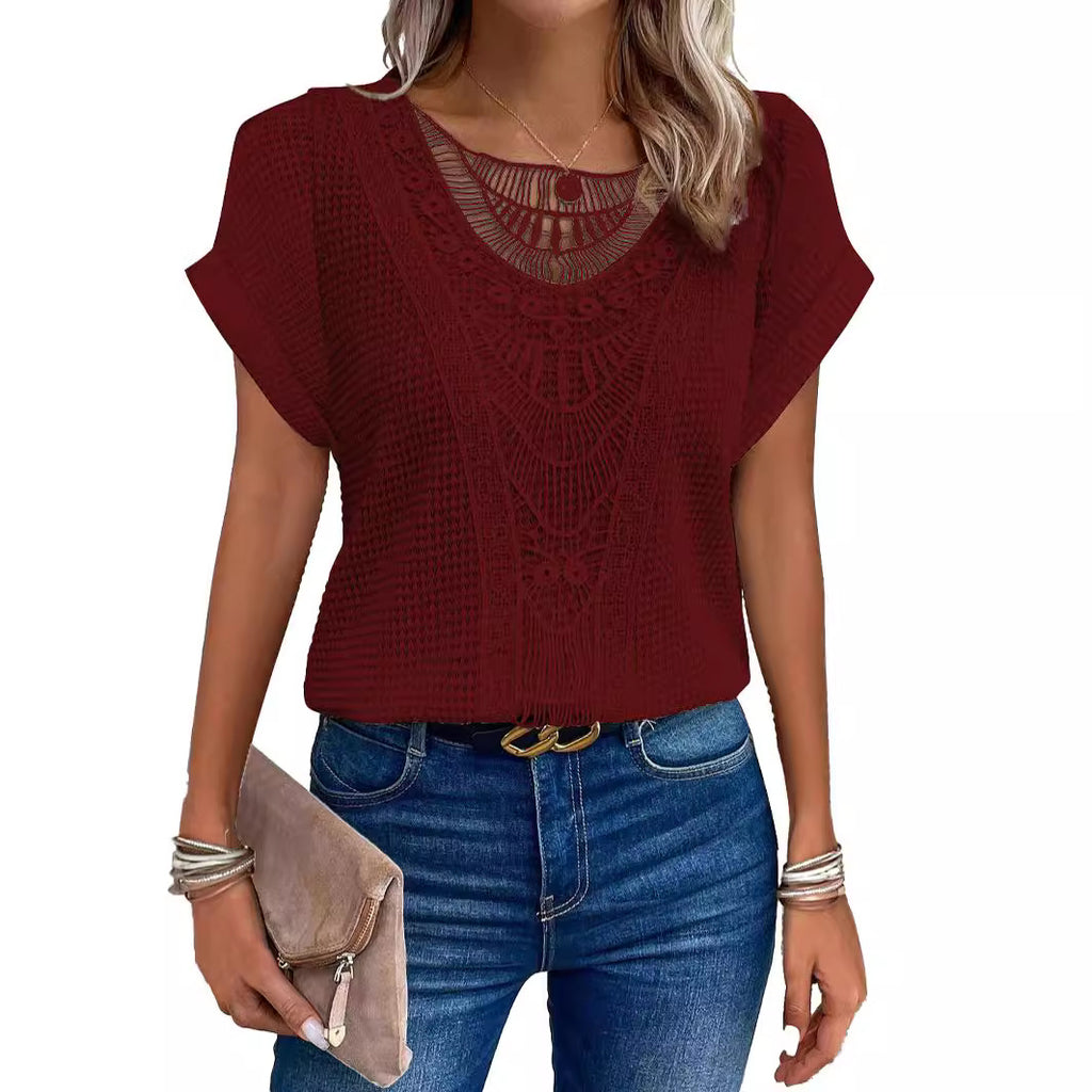 T-shirt européen et américain de printemps et d'été en dentelle à manches courtes