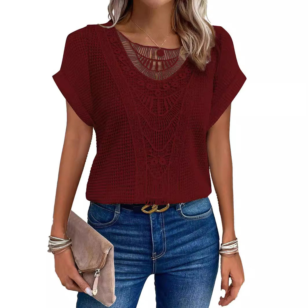 T-shirt européen et américain de printemps et d'été en dentelle à manches courtes