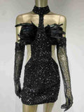Robe Peintre Halter Paillettes Jupe courte avec Gants Robe