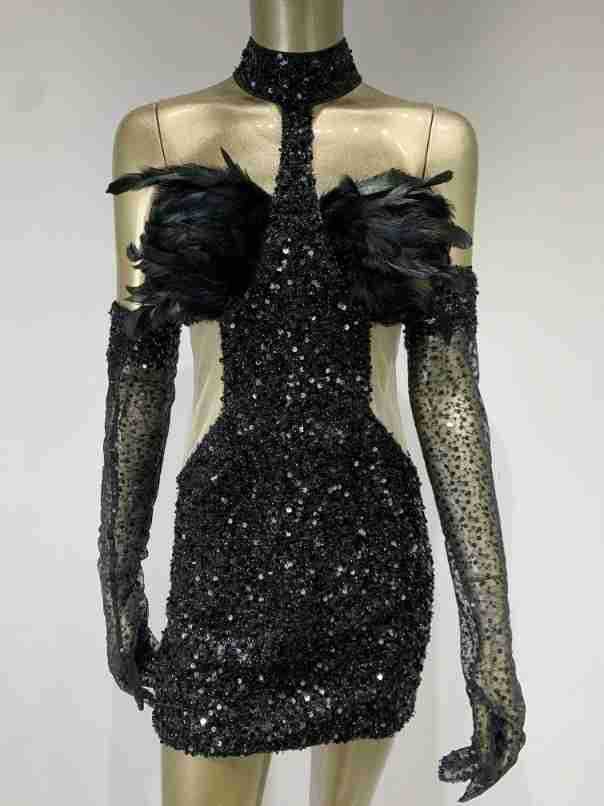 Robe Peintre Halter Paillettes Jupe courte avec Gants Robe