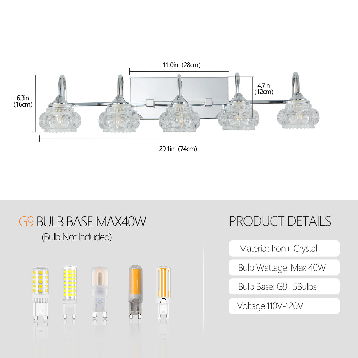 29 Nickel Finish Vintage Crystal Vanity Light - Elegant 5-Light Bathroom Mirror Wi