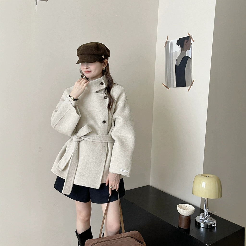 Dentelle Dentelle mi-longueur Double face Laine Coat Femme Laine Vêtements de dessus