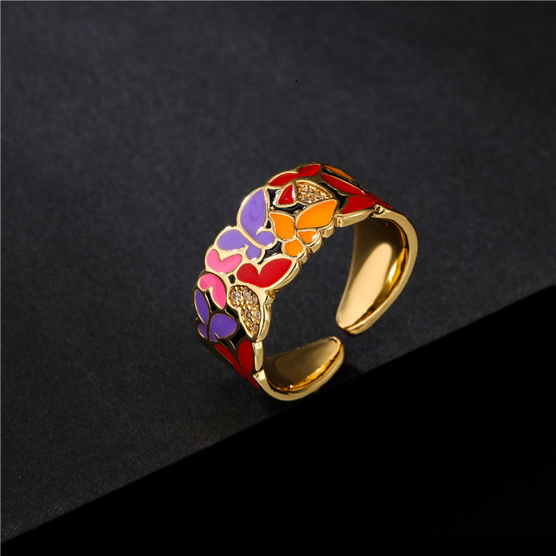 Personnalité mode Dripping Cuivre Micro-inlaid Zircon Butterfly Ring Femme