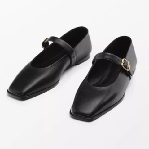 Chaussures en cuir véritable carré-orteil plat pour les femmes avec bouche peu profonde et une seule sangle