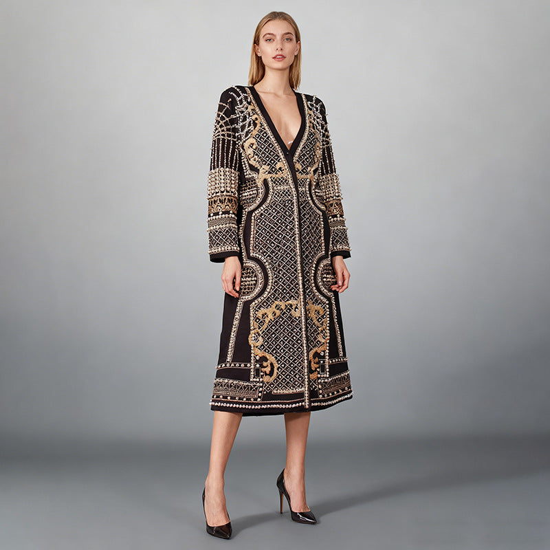 Manteau à manches longues pour femmes avec impression florale et perles