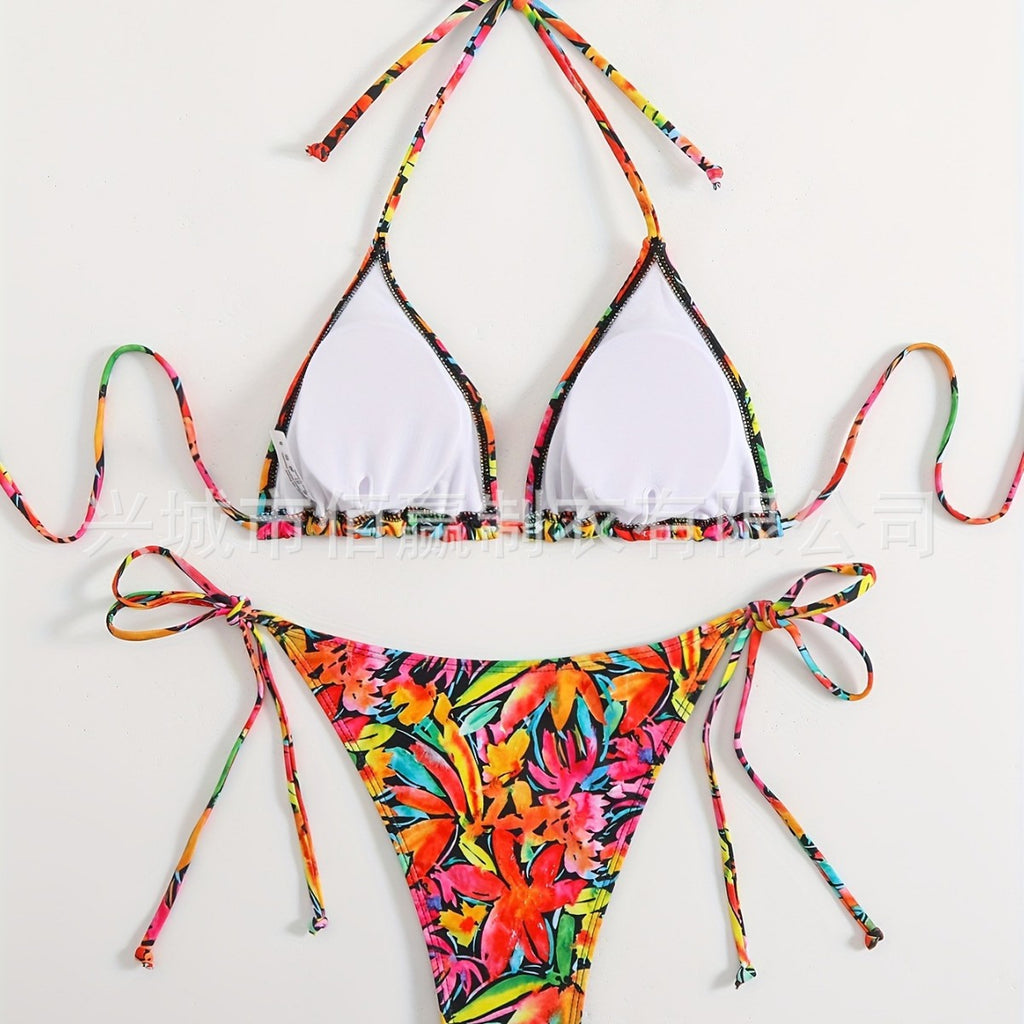 Femme Floral Imprimer Halter-Neck Dentelle-Up Sexy Bikini