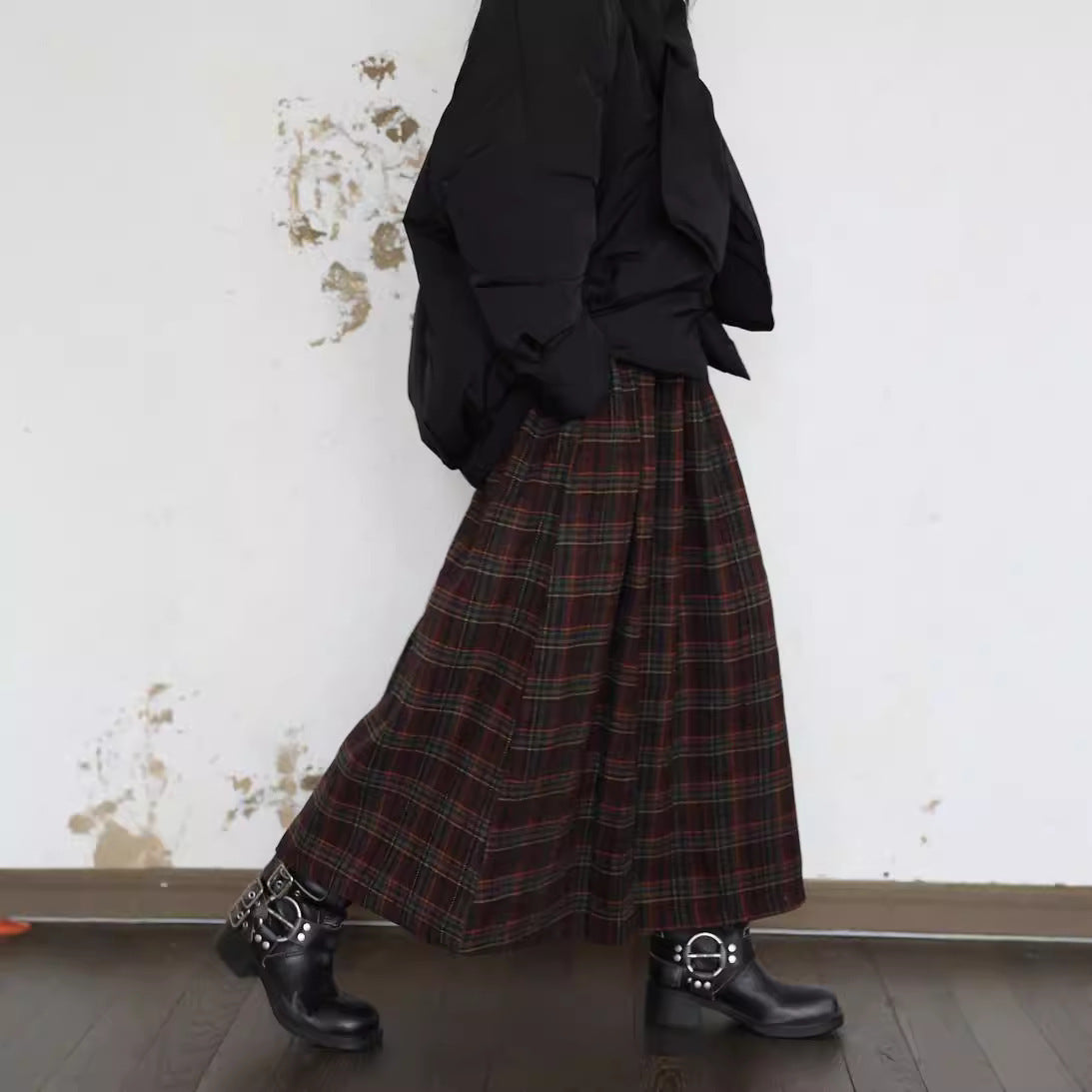 Jupe de parapente casuale en plaid rouge foncé pour femmes