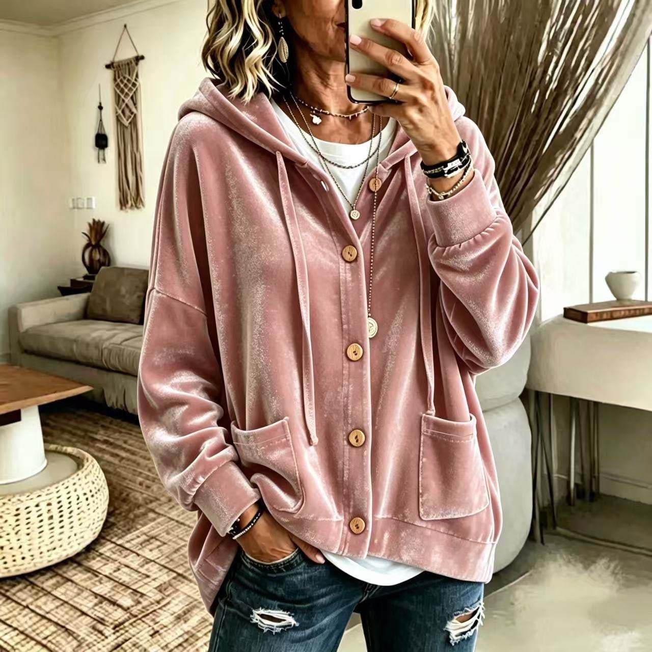 Femmes Automne Veau d'hiver Hoodie Cardigan Bouton avant cordon drawstring manches longues Casual Loose