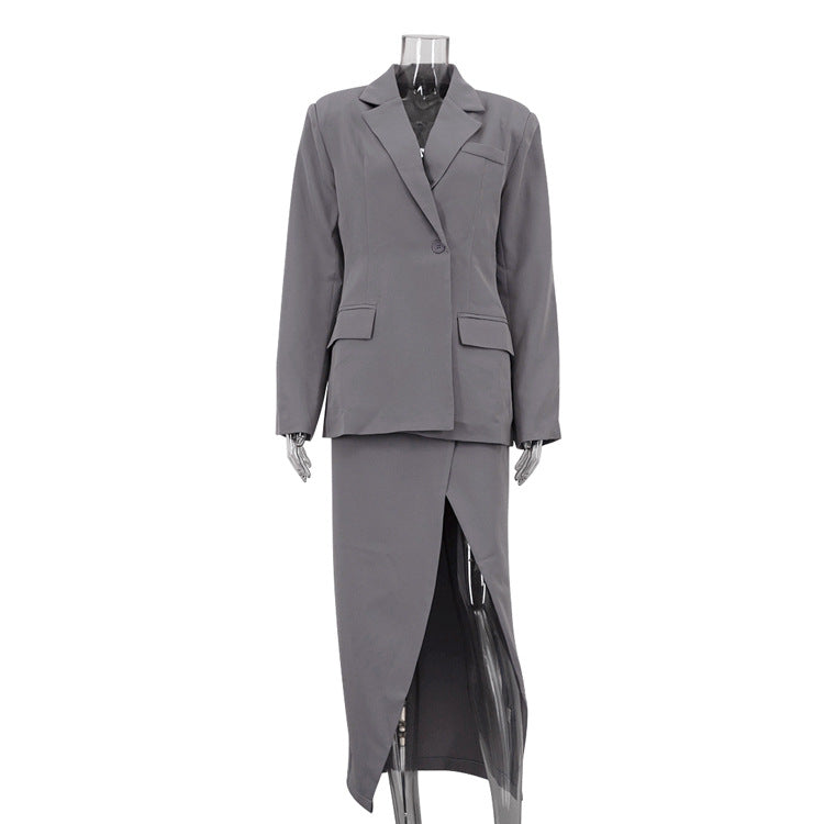 Un seul bouton encoché Lapel Blazer & High Slit jupe Midi Ensemble à deux pièces