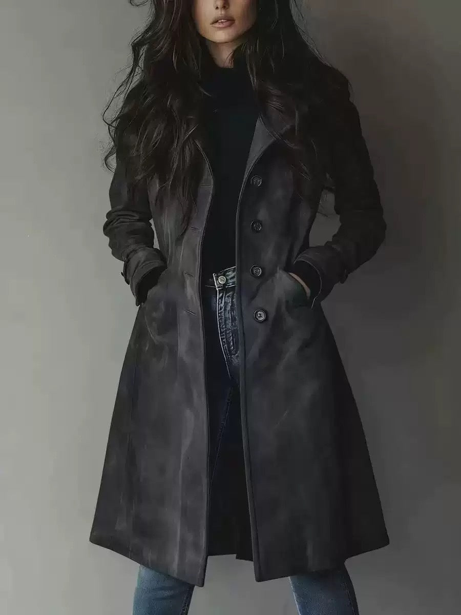 European American Style Women's Fall Winter Lapel Suede Mid-Length Trench Coat