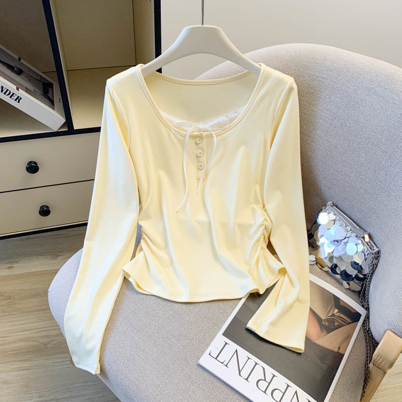Dentelle Faux T-shirt à manches longues à col carré deux pièces