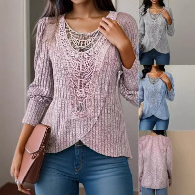 Autumn Solid-color Dentelle jumelée Col rond Top féminin à manches longues