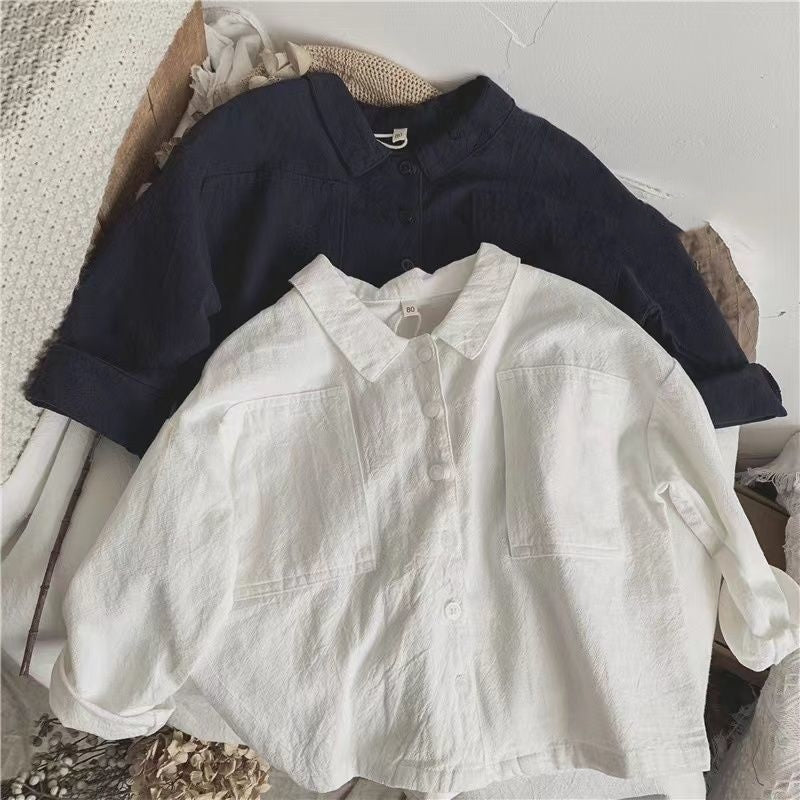 Chemise pour enfants Style japonais Retro Batwing Manche Lapel Lin de coton