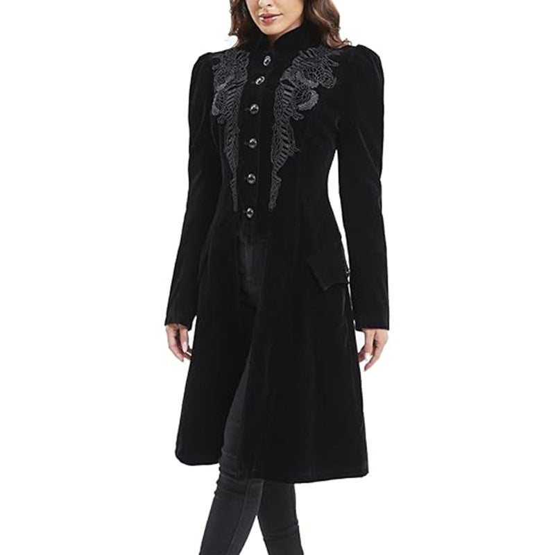 Long-sleeved retro-chic printed coat with a long collar