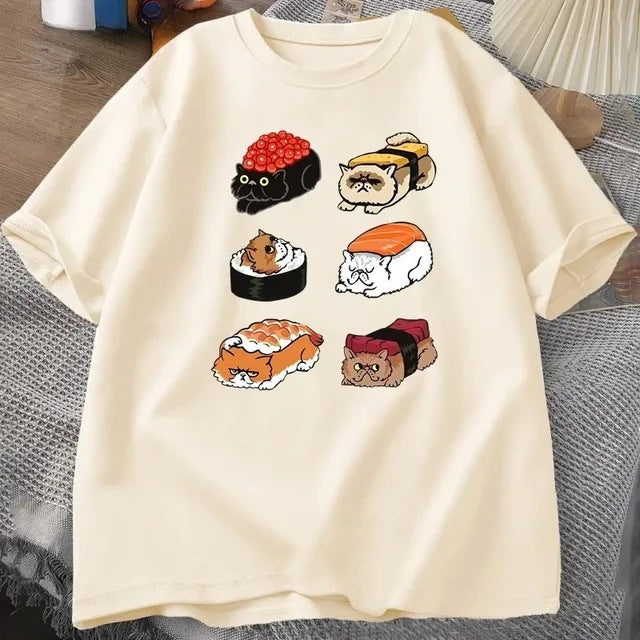 T-shirt Kawaii Cute Cat Sushi pour l'été