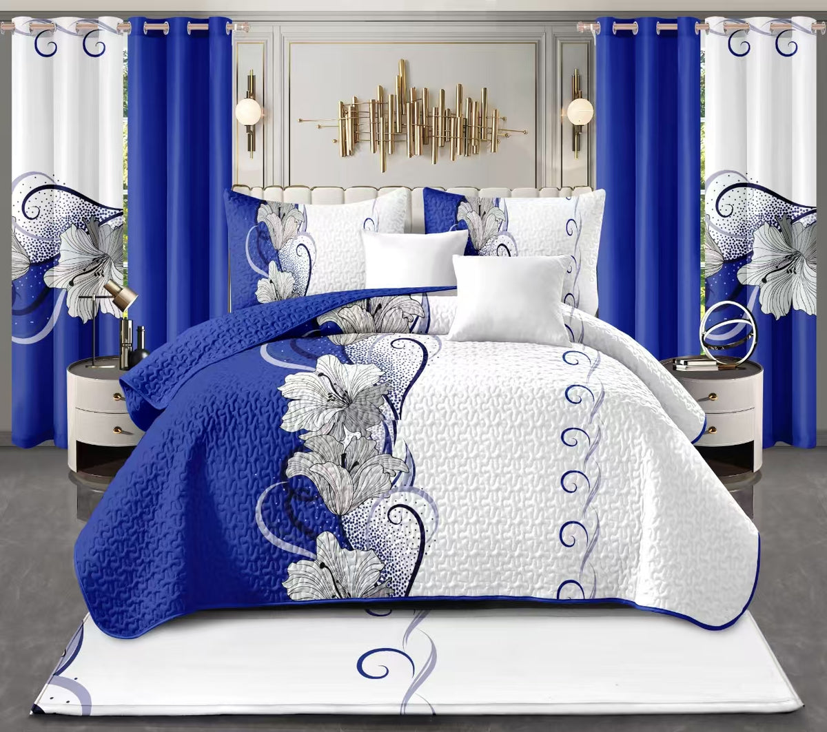 9-Piece bleu et blanc lotus couvre-lit et rideau pour roi