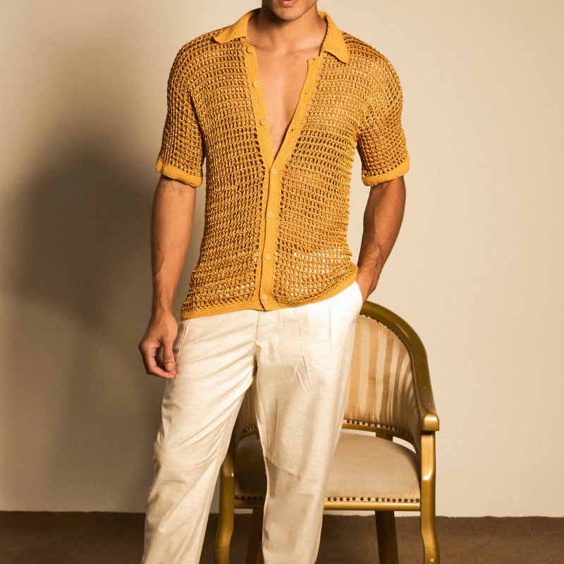 Homme Été Lapelle à couleur solide Hollow-Out Loose-Fit Respirant Manches courtes Top