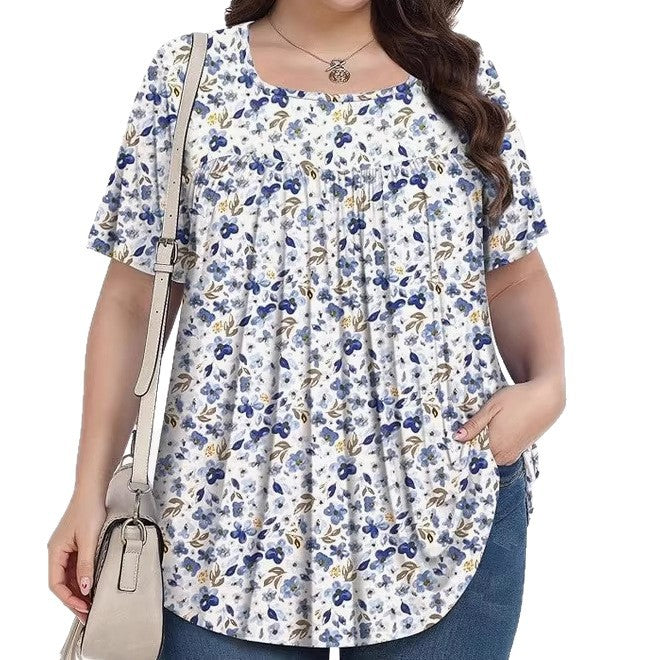 T-shirt casual à col rond à manches courtes avec imprimé floral plus taille