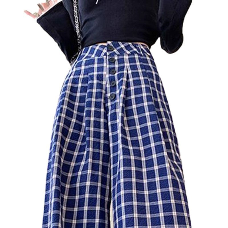 Pantalons à jambe droite en Plaid Bleu pour femmes