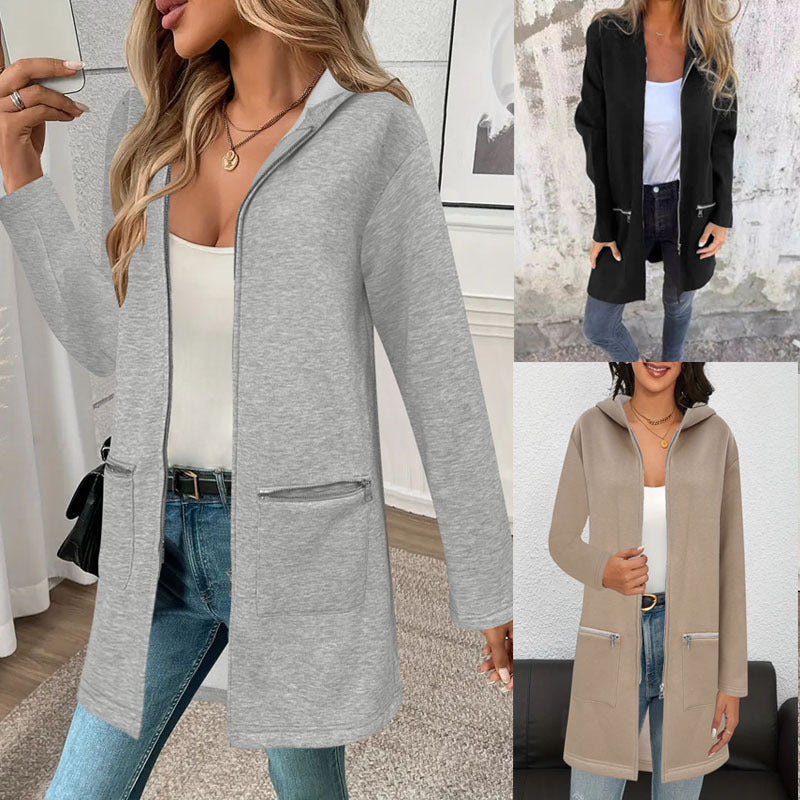 Femmes Long à capuche Cardigan ouvert devant Long Sleeve Casual Jacket Zip Pocket Loose Mid Lengt