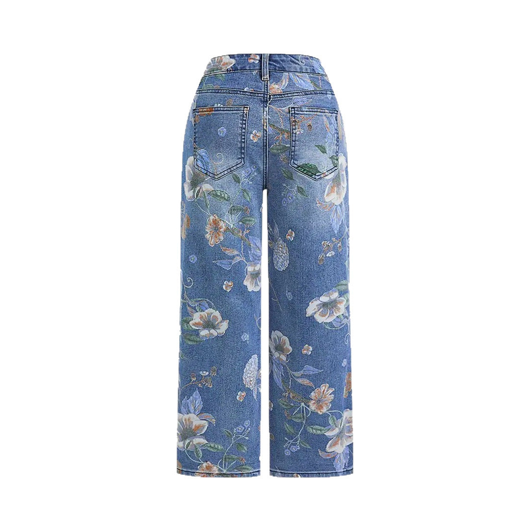 Les femmes de style américain imprimé denim printemps et automne droit grand-leg pantalons Denim City