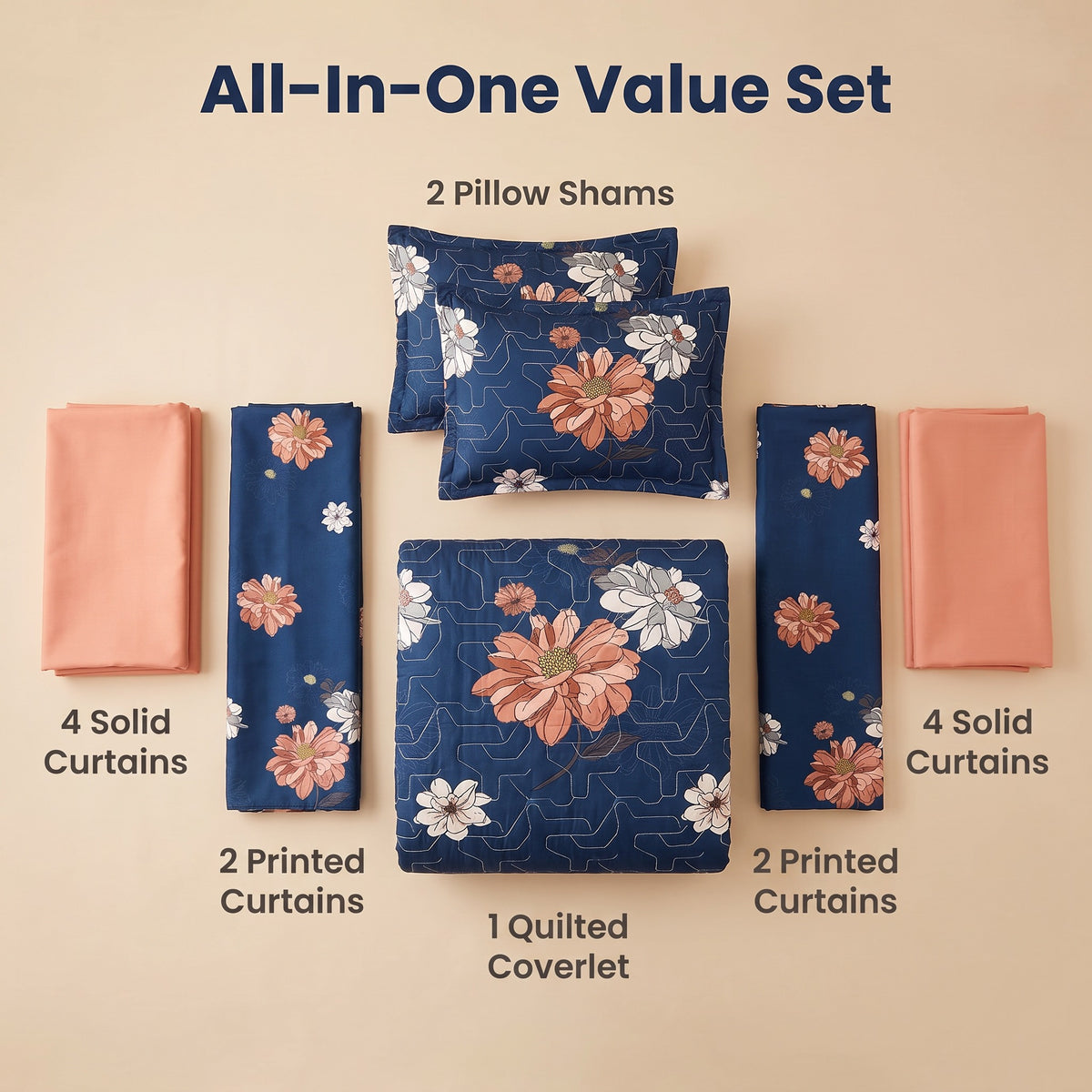 Couche de lit et rideau 9 piece bleu profond et rouge Floral