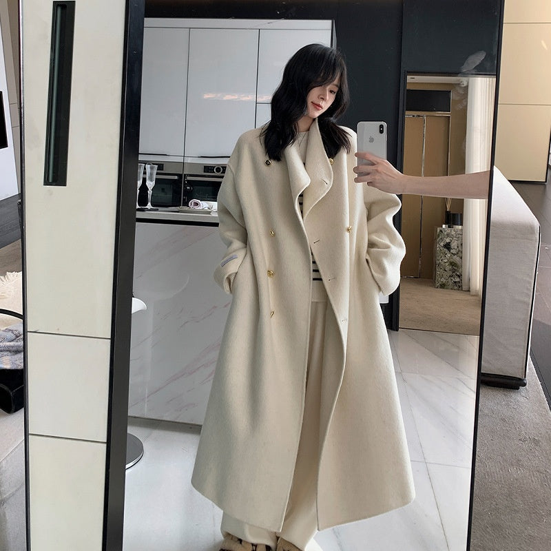 Conception de collier de support Manteau double-à-bras femmes Grand Lapel Long-Loose-fit Laine Overcoat