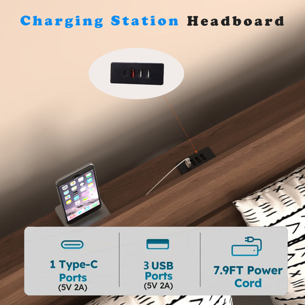 Cadre de lit flottant Reine avec lumières LED et station de recharge