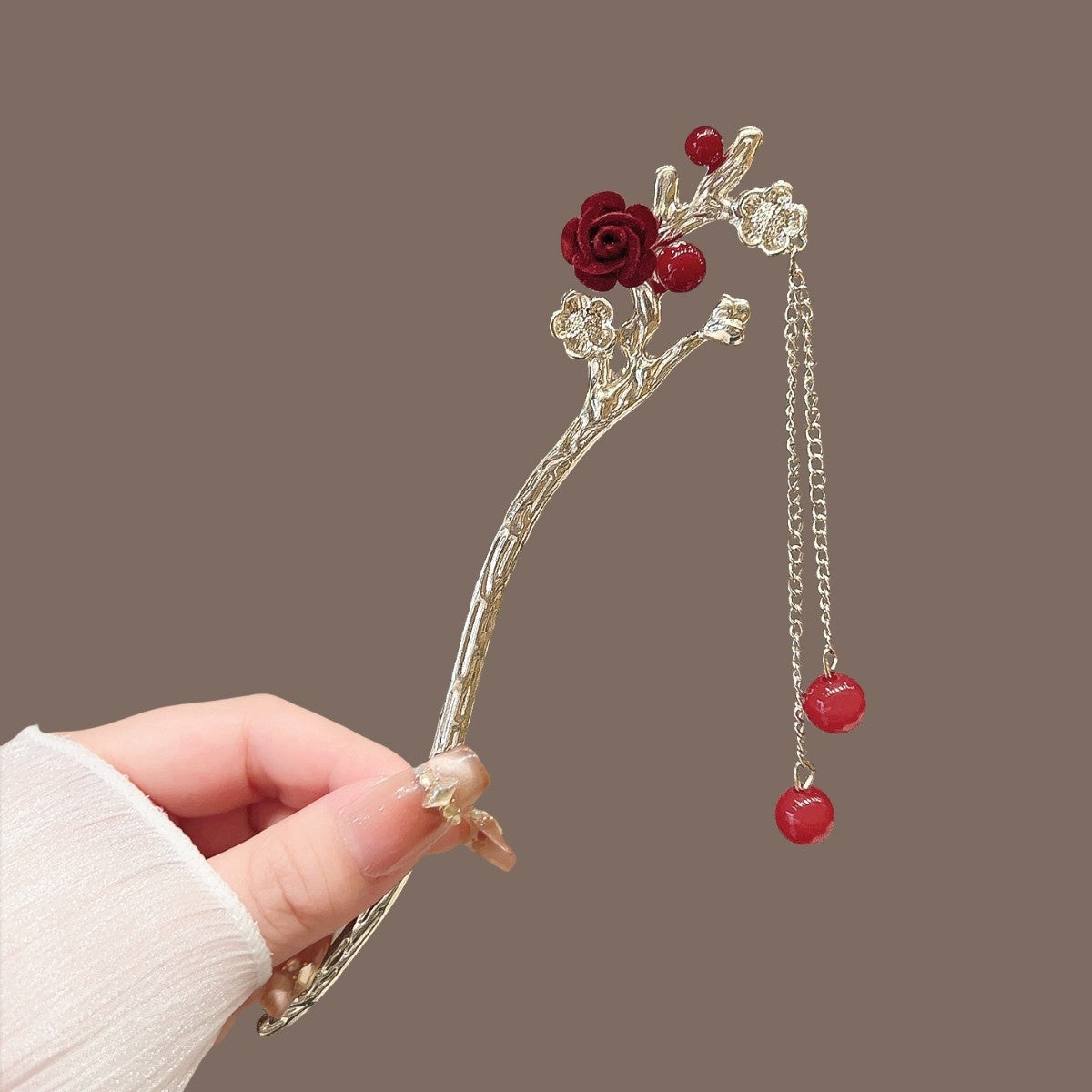 AutumnWinter Flocked Red Flower Hair Stick for Women Ma Mian Style