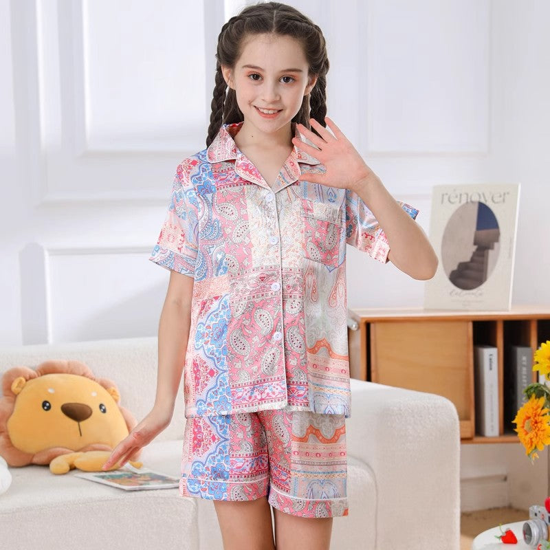 Pyjama de filles Pyjama mince de glace en soie pour enfants Short à manches courtes été