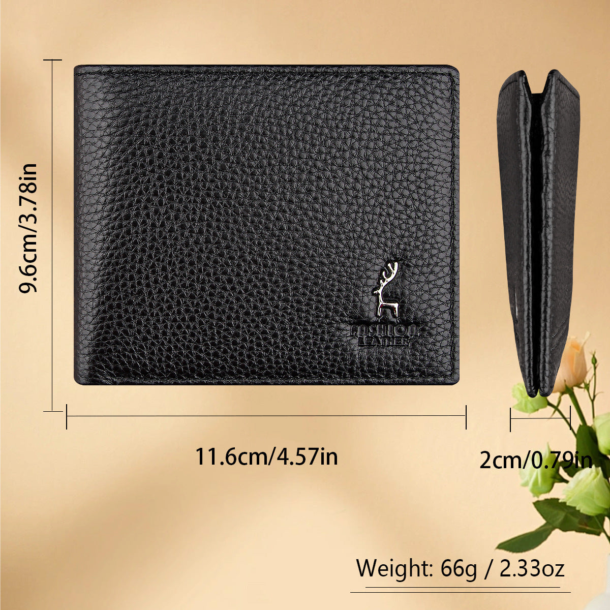 Genuine Leather Wallet Black Cowhide Short Bifold