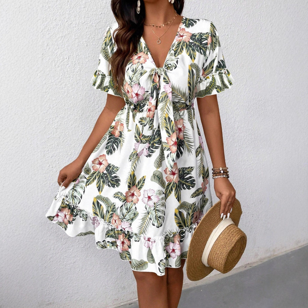 Exporter Européen et américain V-Neck Floral Print Fashion Resort Style Knee-Length Summer W