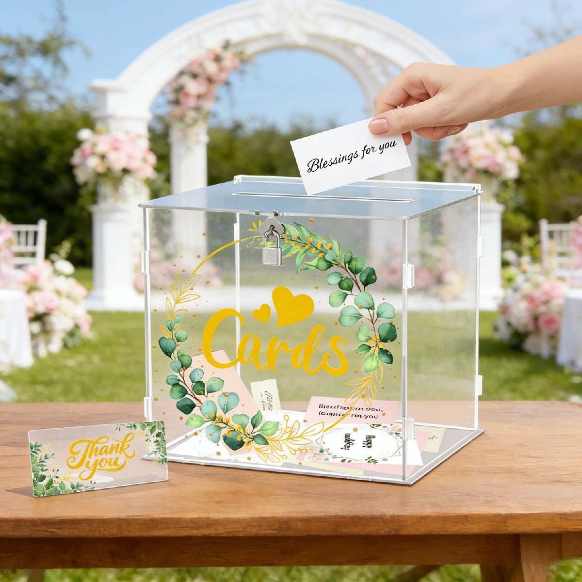 Boîte à cartes acrylique de mariage avec le design de feuille – Boîte à cartes transparente pour cadeaux en espèces A