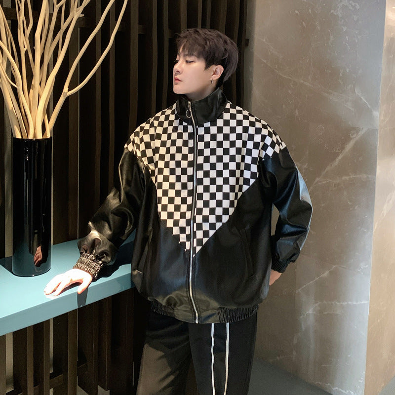 Veste en cuir plaqué noir et blanc PU