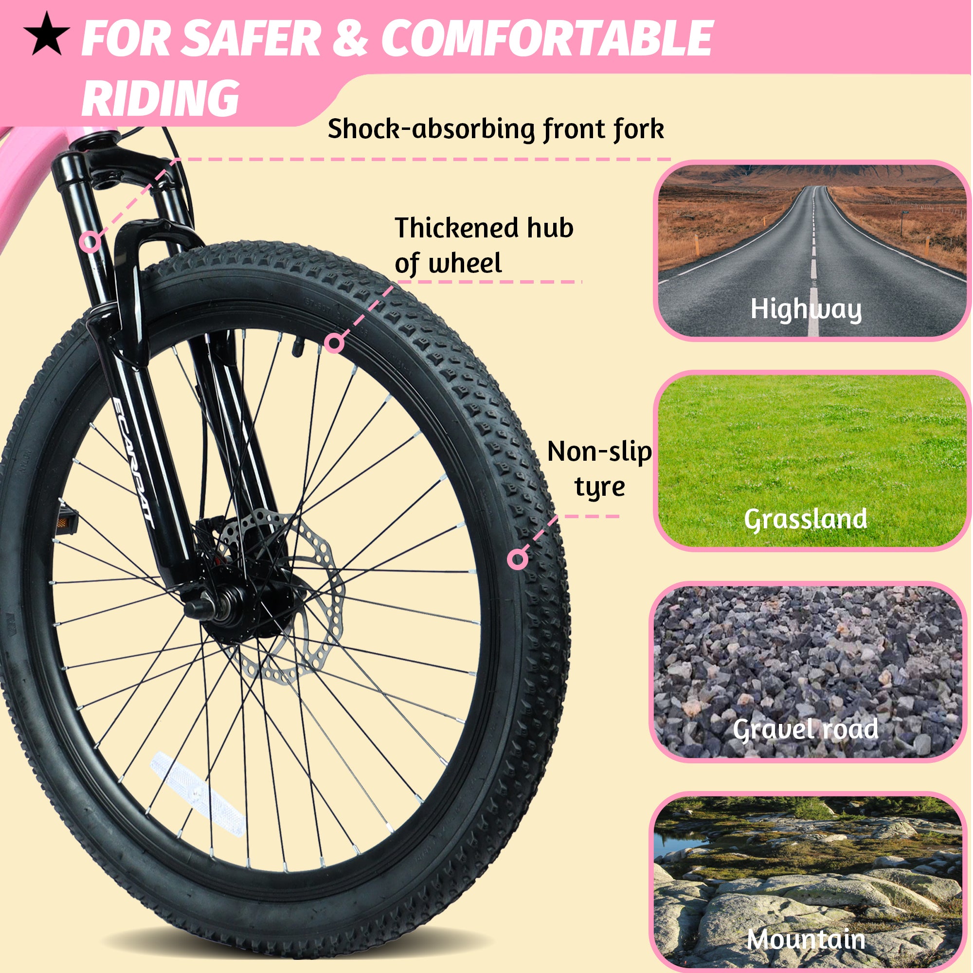 Vélo de montagne jeune 24 pouces avec 7 vitesses et suspension avant Cadre en acier durable