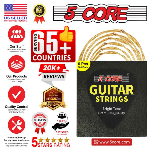 5 Core Acoustic Guitar 6 String Set Medium Gauge Steel Carbon Core Bright Powerful Tone He