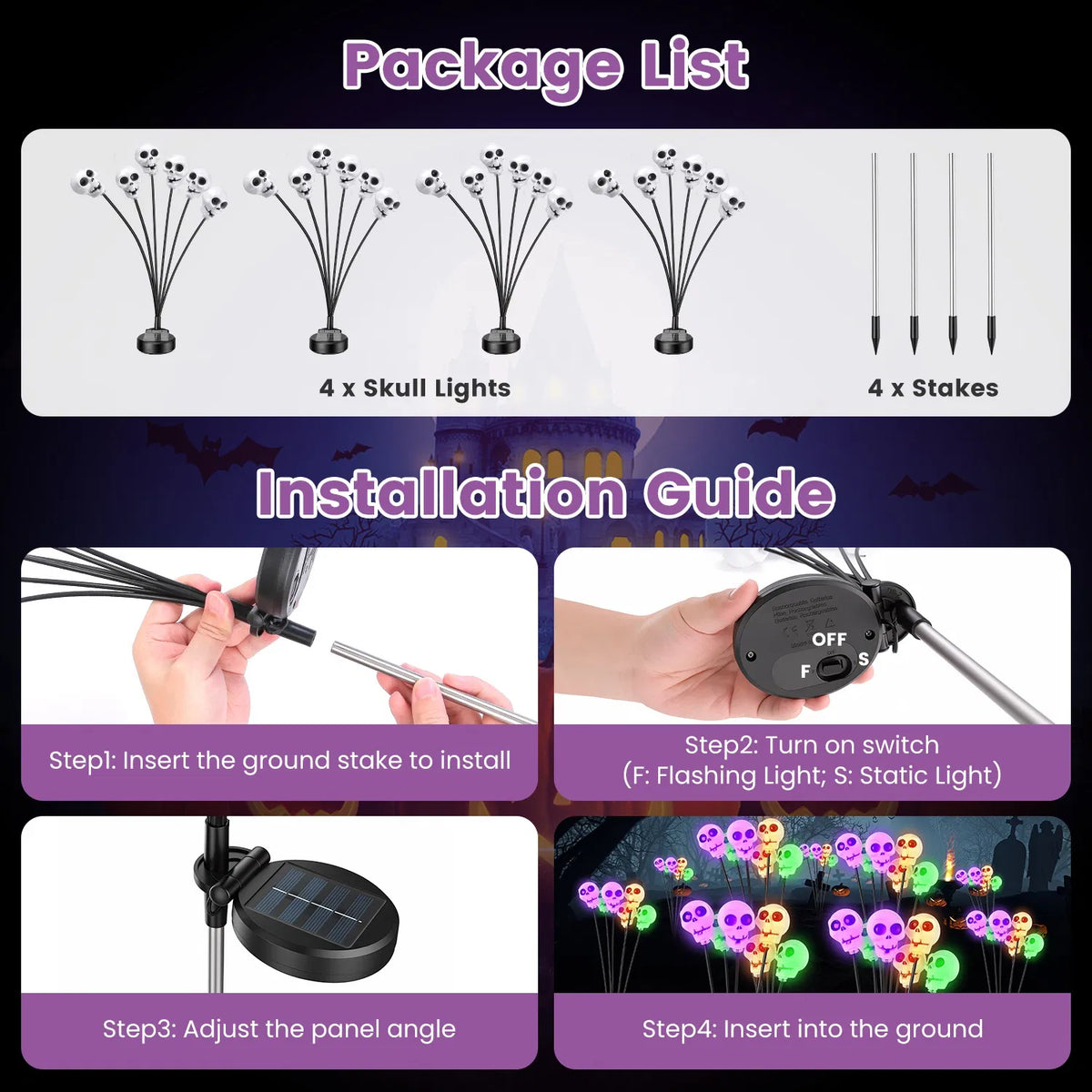 4 Packs Solaire Crâne Lumières Extérieure Décorations d'Halloween Solaire alimenté avec 6 têtes de crâne
